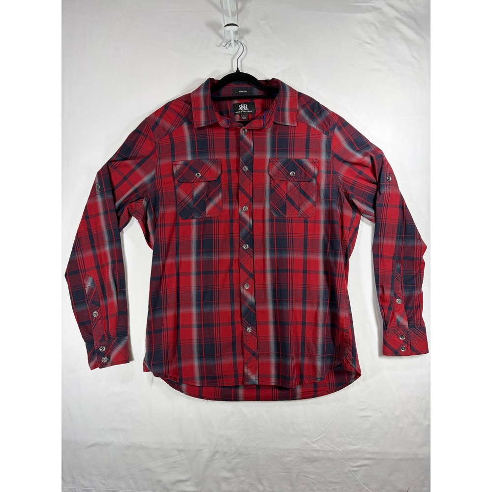 Rock & Republic Button Down Shirt Mens L Red Plaid Stretch Long Sleeve Excellent